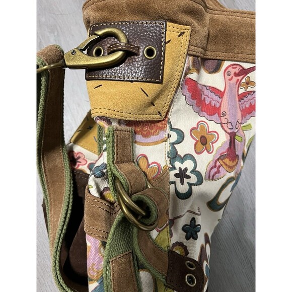 Lucky Brand Vtg Canvas Suede Tote Shoulder Bag Hummingbird Boho Satchel - Picture 9 of 9